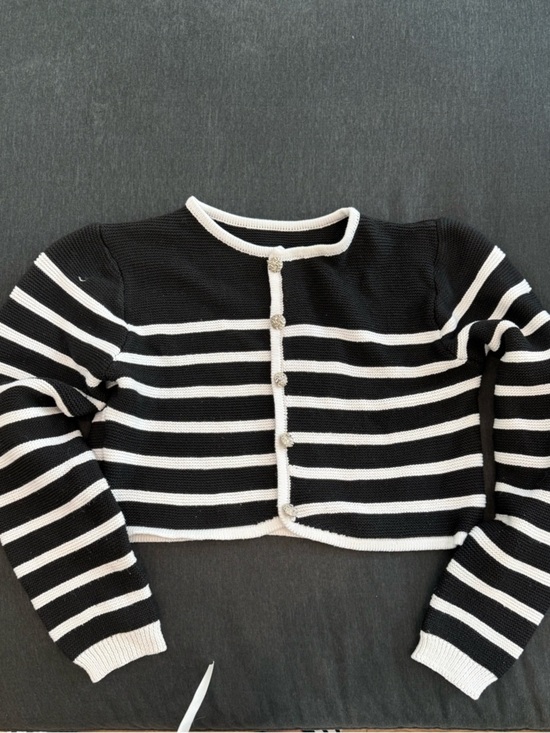 Commense Sweaters - Commense Black and White Striped Cropped Cardigan